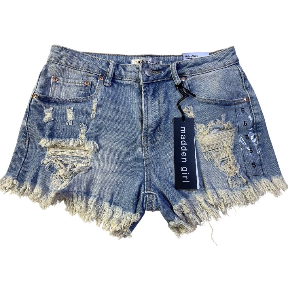 Madden Girl Size 5 High Rise Distressed Denim Shorts With Frayed Hem